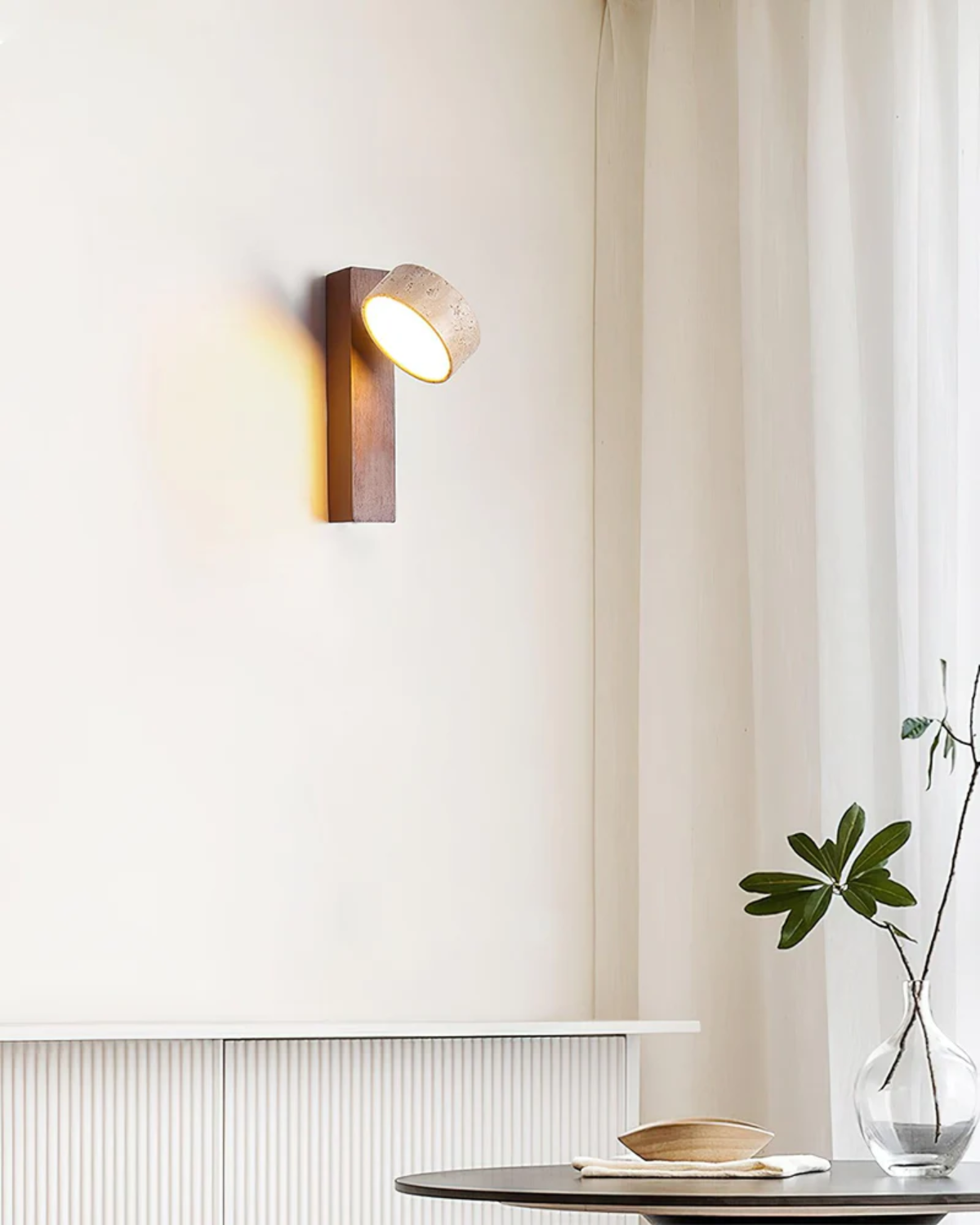 Travertine Wall Lamp | Modern Stone And Wood Sconce For Hallways, Bedrooms and Living Rooms