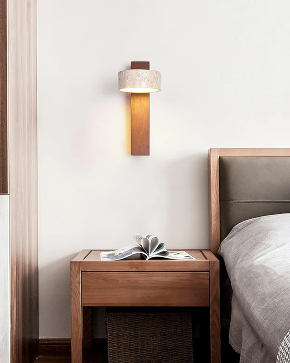Travertine Wall Lamp | Modern Stone And Wood Sconce For Hallways, Bedrooms and Living Rooms
