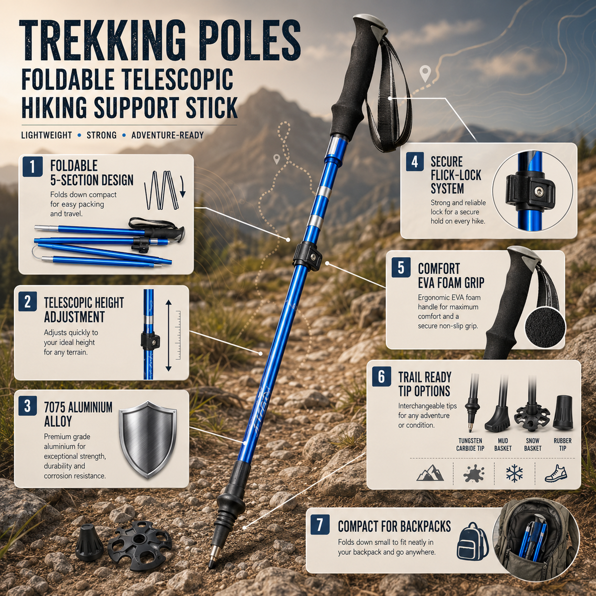 Foldable Telescopic Trekking Poles | Adjustable Hiking Support Sticks For Trails and Backpacking