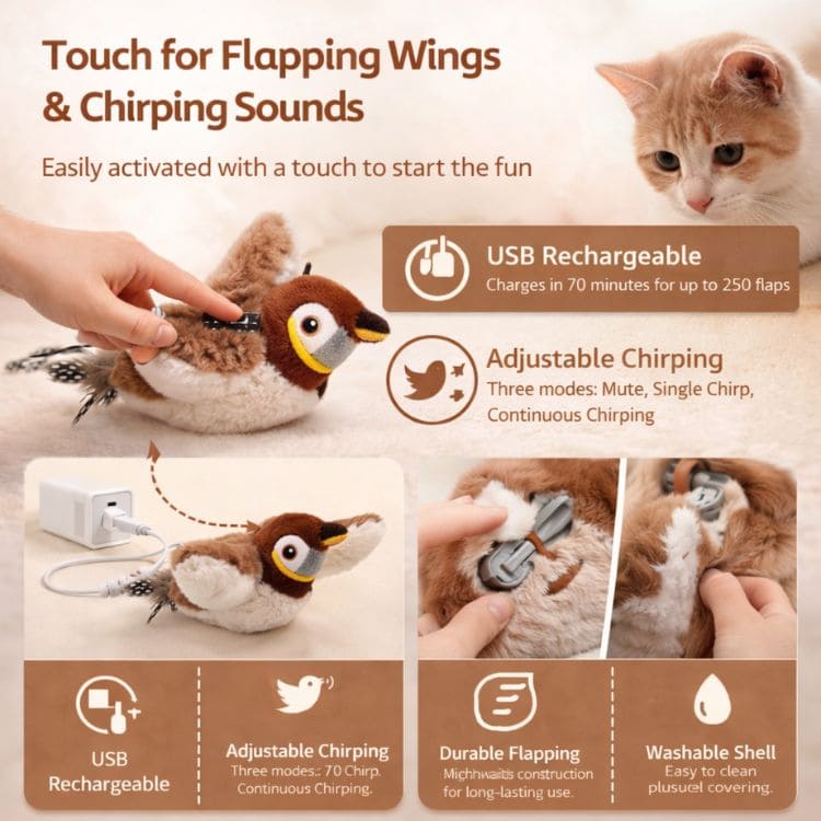 Flitterpaw Interactive Cat Toy | Fluttering Bird Motion Hunting Toy For Indoor Cats and Kittens