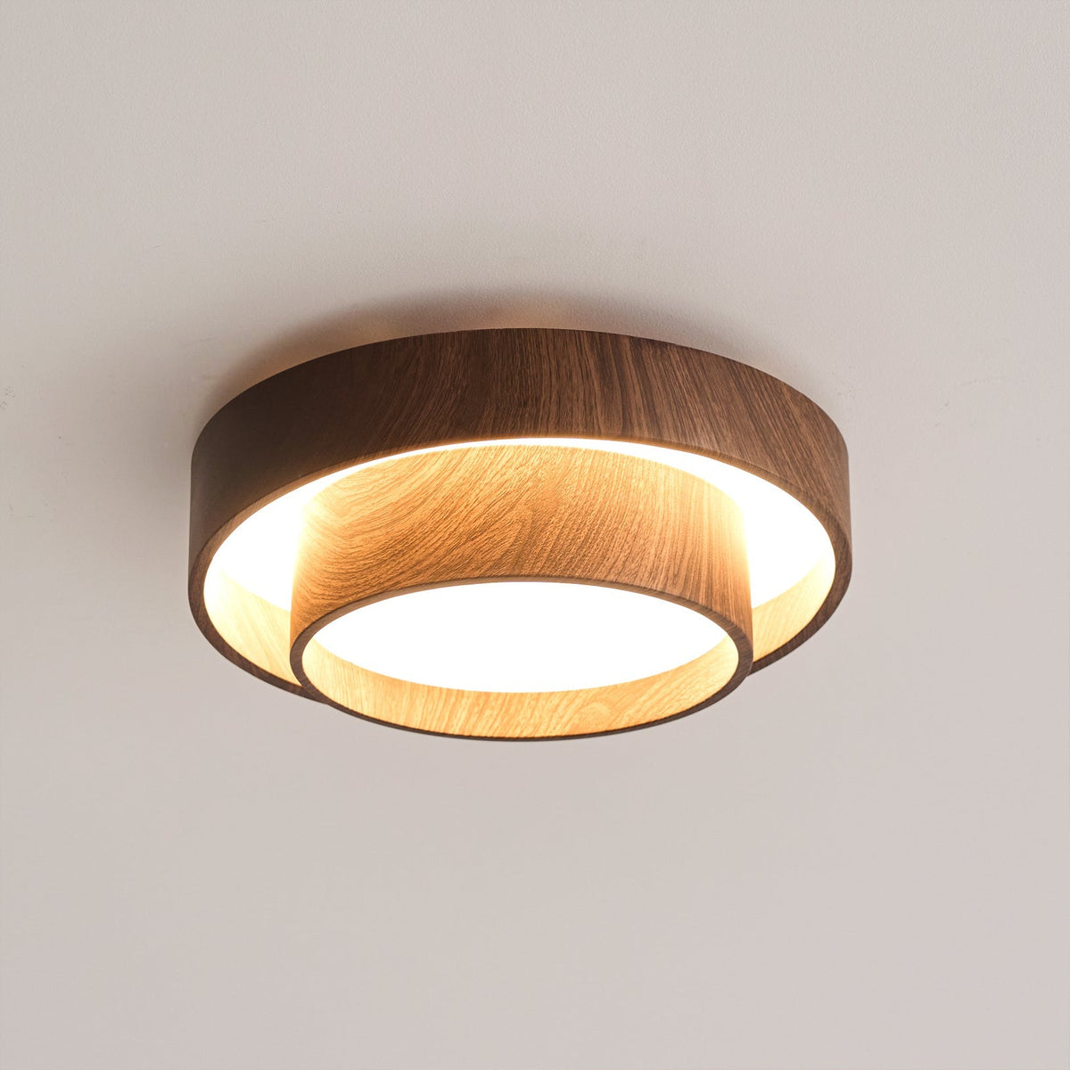Walnara Ceiling Lamp | Walnut Wood Grain Finish LED Ceiling Light In Two Round Shade Sizes