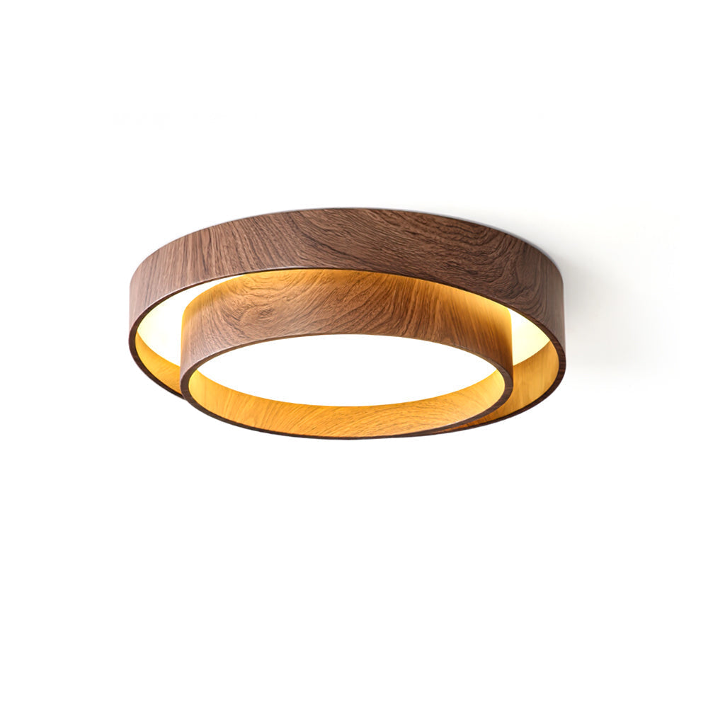 Walnara Ceiling Lamp | Walnut Wood Grain Finish LED Ceiling Light In Two Round Shade Sizes