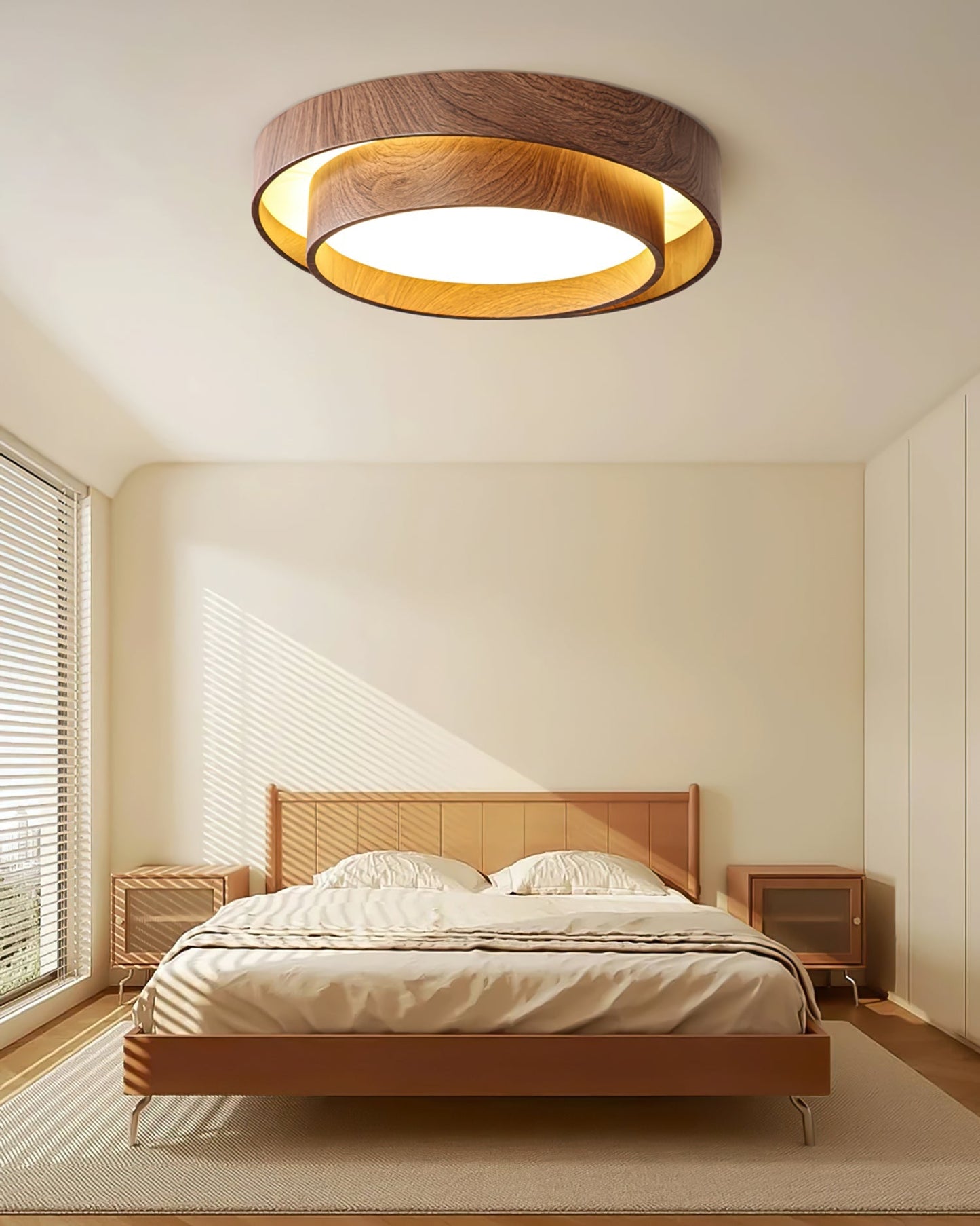 Walnara Ceiling Lamp | Walnut Wood Grain Finish LED Ceiling Light In Two Round Shade Sizes