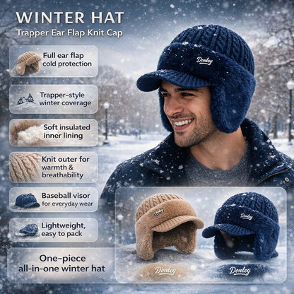 Winter Trapper Hat With Ear Flaps | Warm Knit Cap With Fleece Lining For Cold Weather Outdoors
