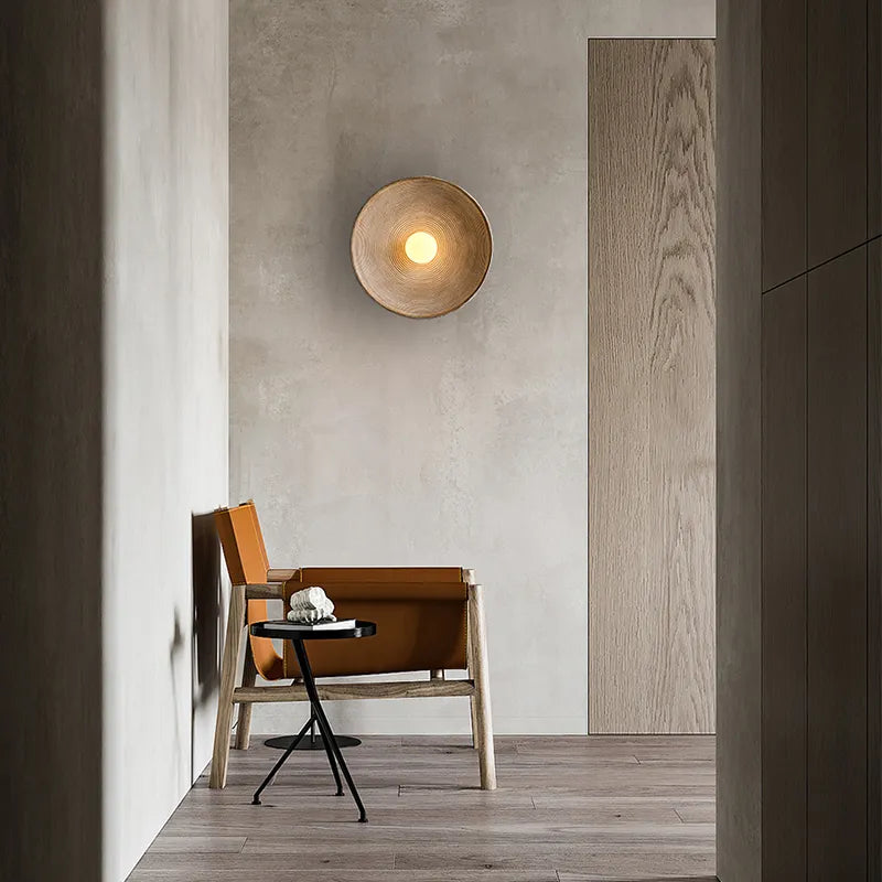 Rustic Wood Wall Sconce | Handcrafted LED Wall Light With A Wood Texture Circular Disc Form
