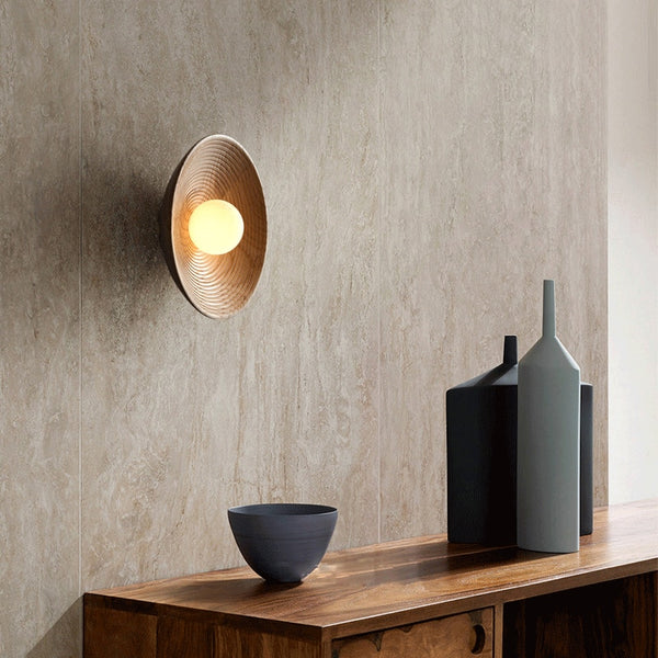 Rustic Wood Wall Sconce | Handcrafted LED Wall Light With A Wood Texture Circular Disc Form