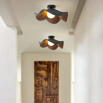 Scandinavian Wooden Lotus Ceiling Light | Resin And Iron Modern Flush Mount In Two Room Sizes