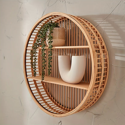 Round Bamboo Wall Shelf | Handmade Boho Floating Organiser For Plants, Books and Ornaments