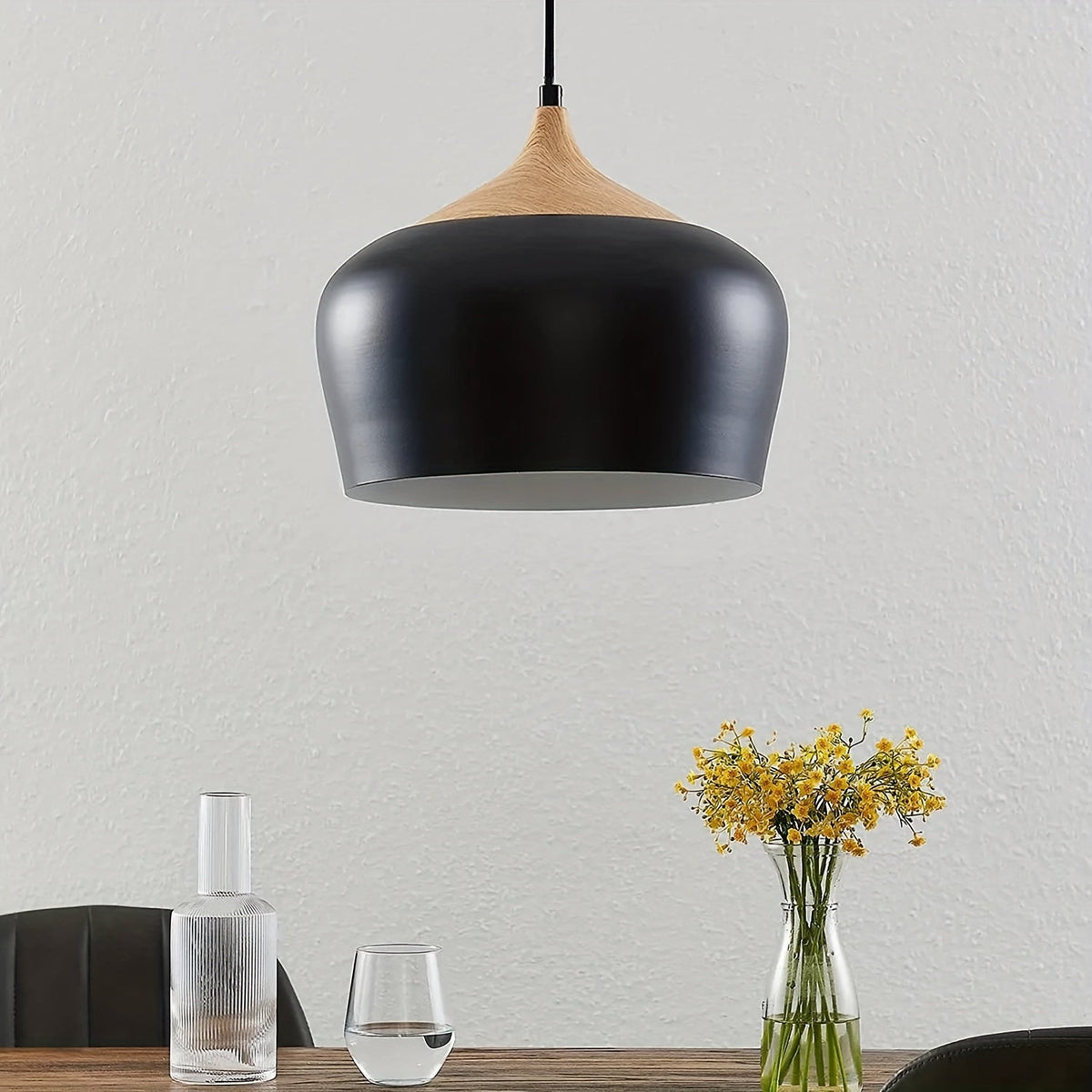 Modern Scandinavian Pendant Light | Iron And Wood Grain Ceiling Lamp In White or Black Finish