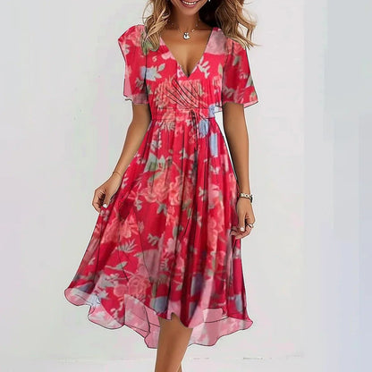 Floral Chiffon V-Neck Flutter Sleeve Midi Dress