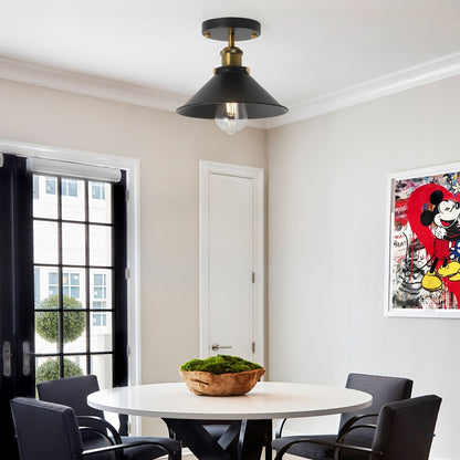 Industrial Black Semi Flush Ceiling Light | Vintage Metal Cone Shade With A Brass Lined Detail