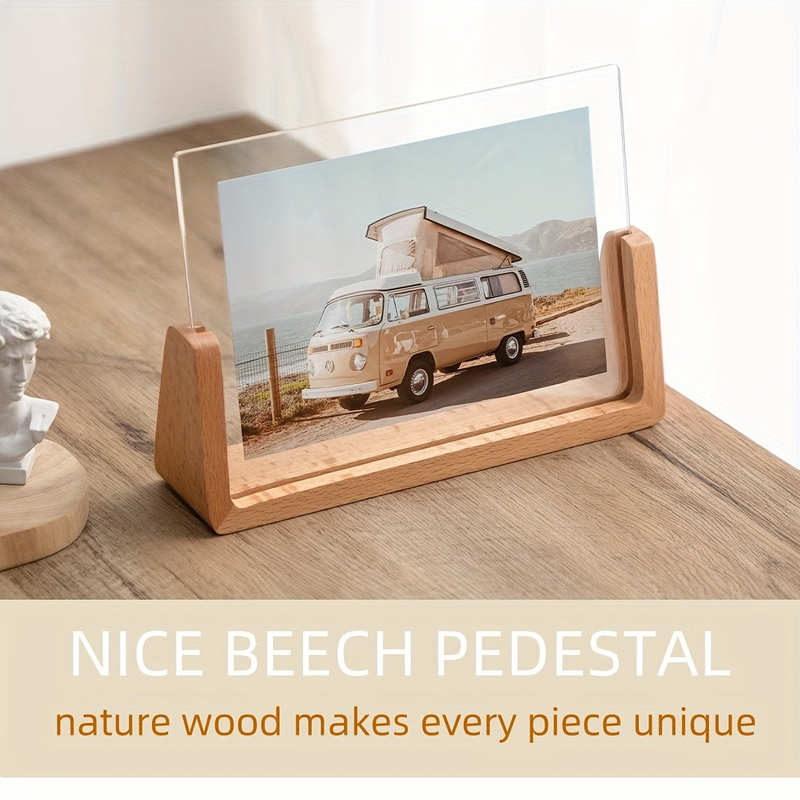 U Shaped Acrylic and Wood Photo Frame | Modern Minimalist Freestanding Picture Display Stand