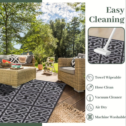 Reversible Outdoor Patio Rug | Black and Grey Weatherproof Mat For Decks, Balconies and Patios