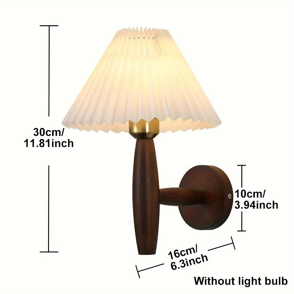 Nordic Wooden Wall Sconce | Retro Bedside Wall Lamp With Pleated Fabric Shade For Bedrooms