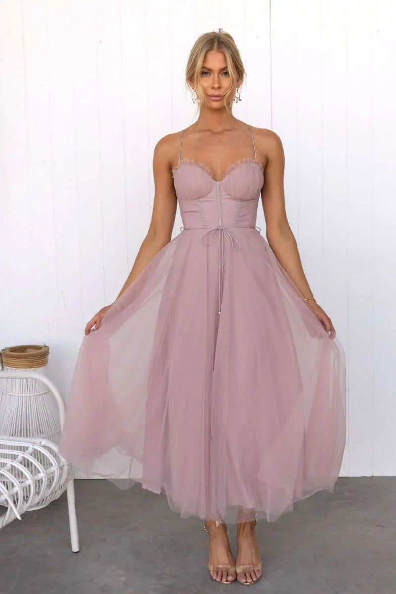 Corset Midi Dress with Tulle Skirt and Spaghetti Straps
