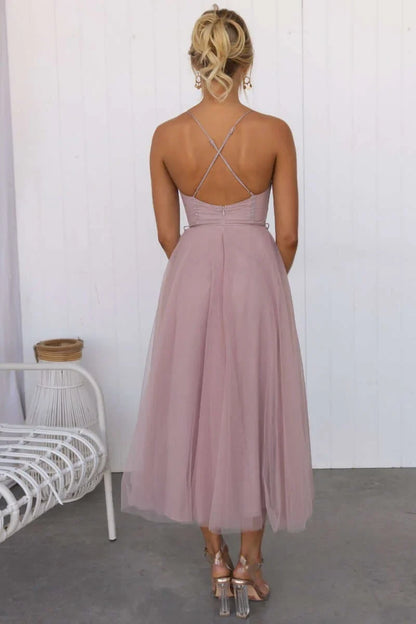 Corset Midi Dress with Tulle Skirt and Spaghetti Straps