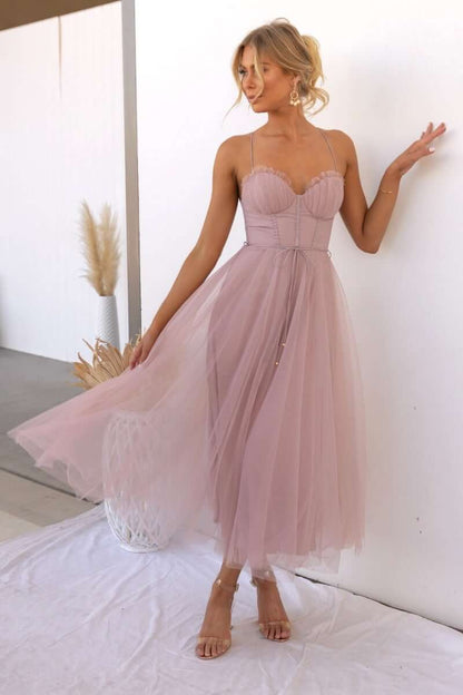 Corset Midi Dress with Tulle Skirt and Spaghetti Straps