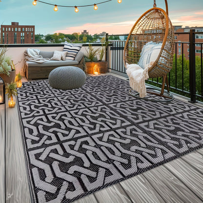 Reversible Outdoor Patio Rug | Black and Grey Weatherproof Mat For Decks, Balconies and Patios