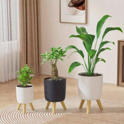 Modern Round Planter With Wooden Legs | Indoor and Outdoor Plant Pot In Three Round Pot Sizes