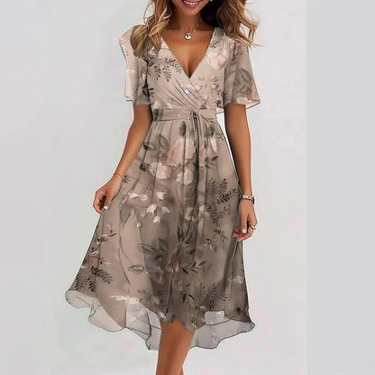Floral Chiffon V-Neck Flutter Sleeve Midi Dress