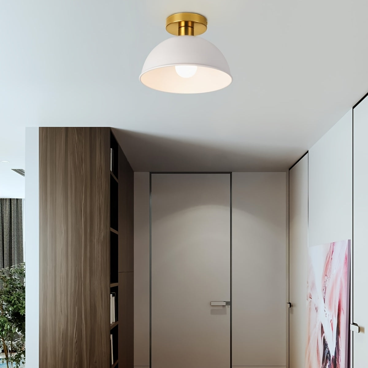 Modern Semi Flush Ceiling Lamp | Matte Iron Dome With A Brass Detail In Black or White Finish