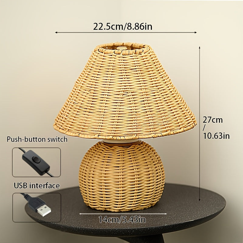 Bamboo Woven Desk Lamp | USB Powered Boho Accent Light With A Handwoven Natural Bamboo Shade