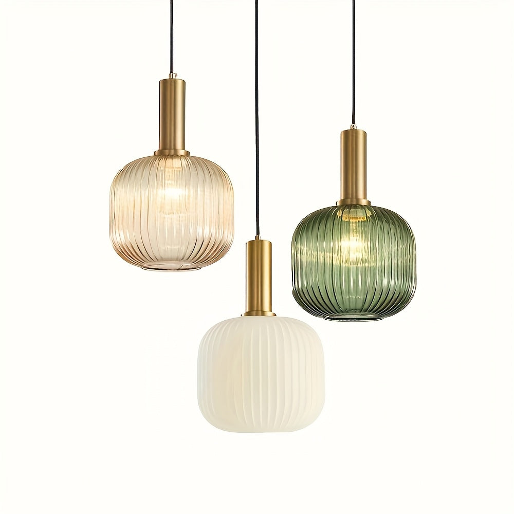 Modern Striped Glass Pendant Light | Brass and Ribbed Glass Shade Ceiling Lamp For Kitchens