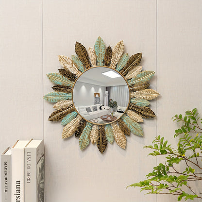 Bohemian Sunburst Metal Wall Mirror | Teal and Gold Leaf Design Decorative Round Wall Mirror