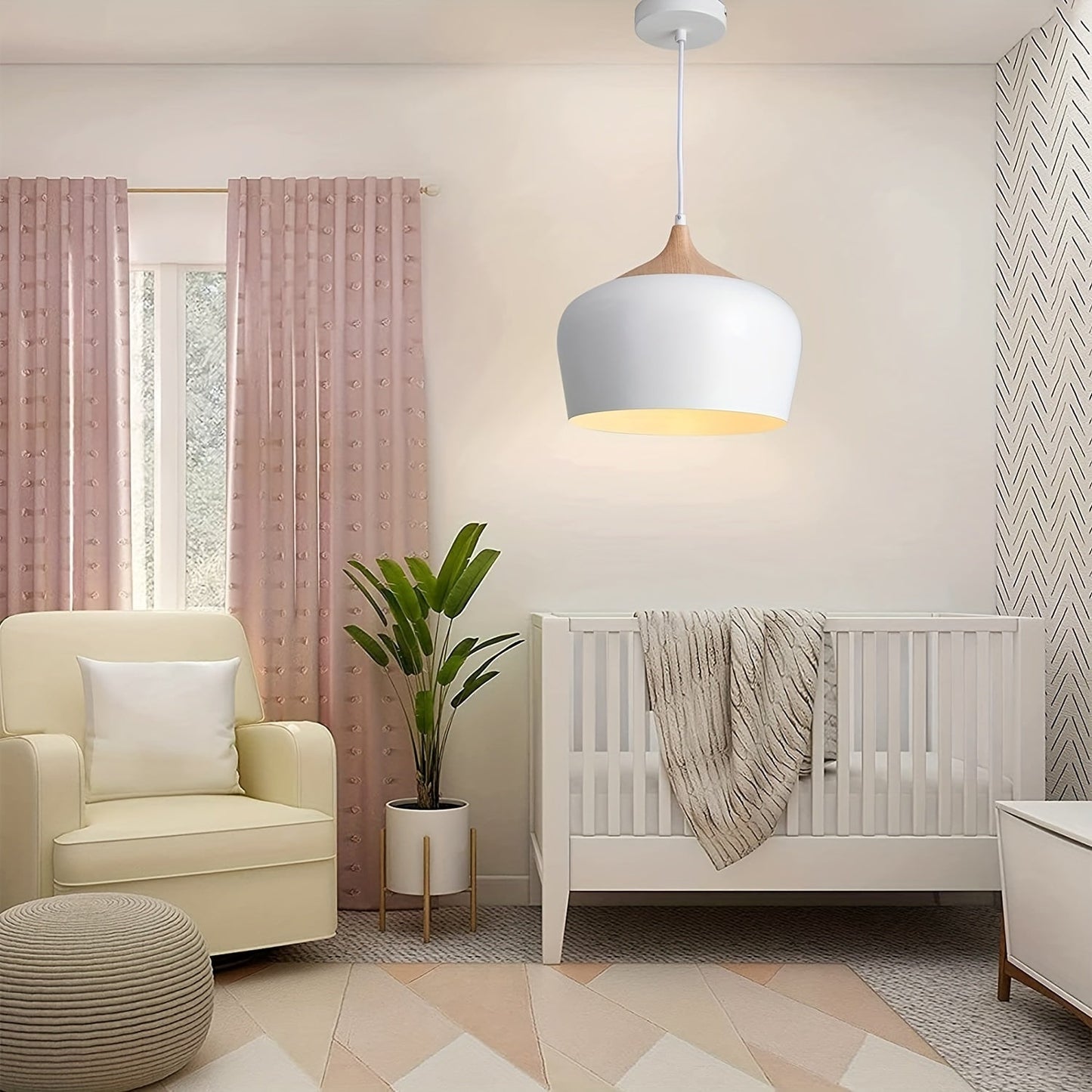 Modern Scandinavian Pendant Light | Iron And Wood Grain Ceiling Lamp In White or Black Finish
