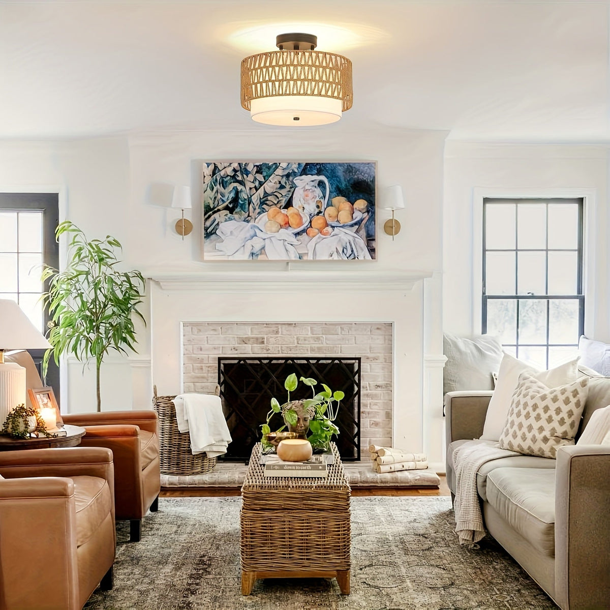 Boho Rattan Ceiling Light | Semi Flush Mount With A Woven Outer Shade and Linen Inner Diffuser