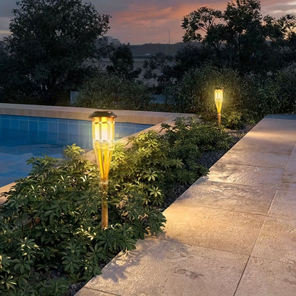 Solar Bamboo Flame Lights 2 Pack | 12 LED Outdoor Solar Garden Lanterns For Paths and Patios