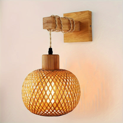 Rustic Wooden Wall Sconce | Handwoven Rattan And Wood Light Fixture For Hallways and Bedrooms