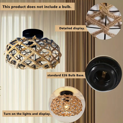 Bohemian Hemp Rope Ceiling Light | Handwoven Rustic Flush Mount In Iron and Natural Hemp Rope