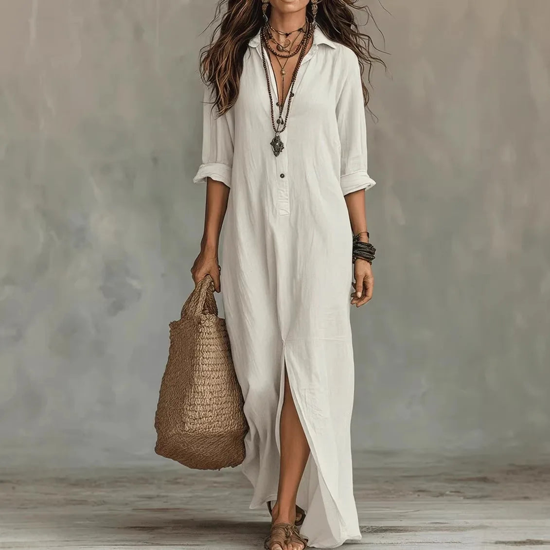 Sera Linen-Blend Maxi Shirt Dress with Side Slits