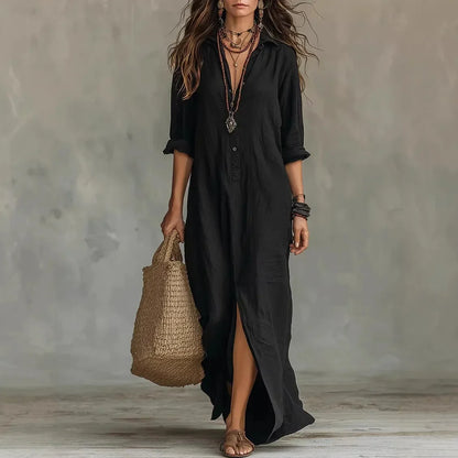 Sera Linen-Blend Maxi Shirt Dress with Side Slits