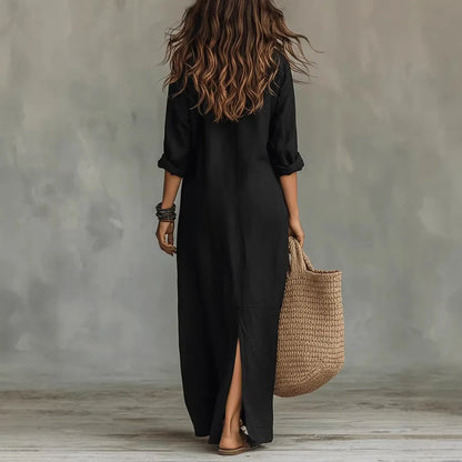 Sera Linen-Blend Maxi Shirt Dress with Side Slits