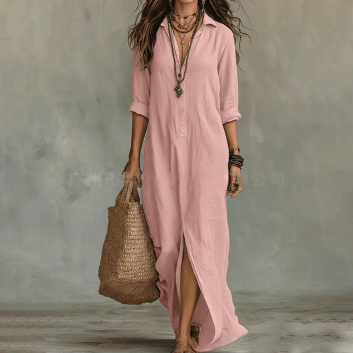 Sera Linen-Blend Maxi Shirt Dress with Side Slits
