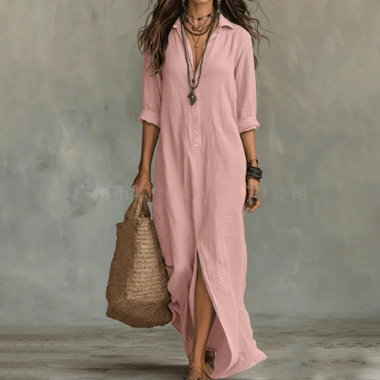 Sera Linen-Blend Maxi Shirt Dress with Side Slits