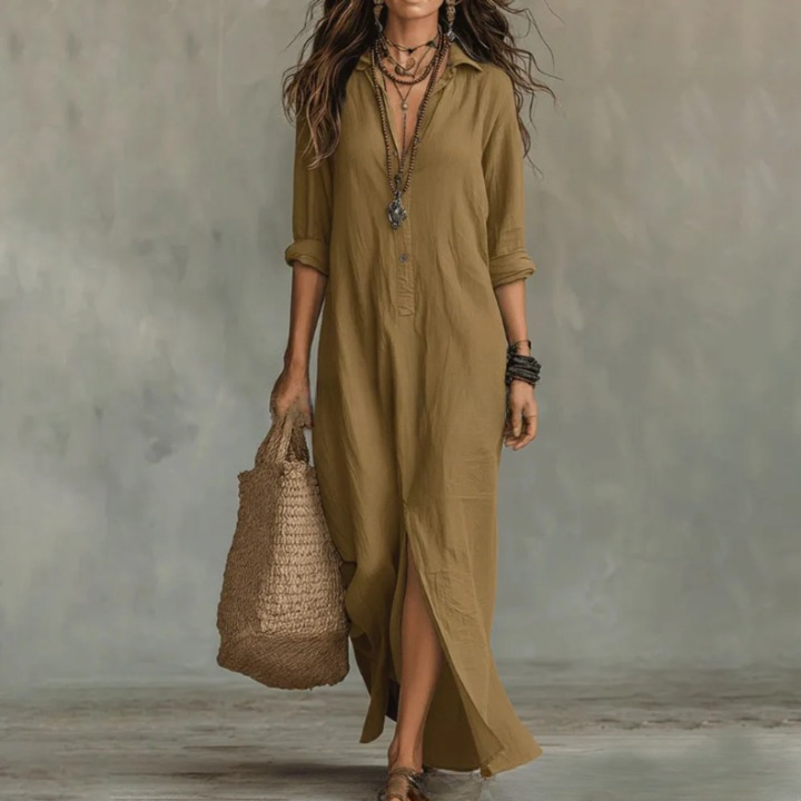 Sera Linen-Blend Maxi Shirt Dress with Side Slits
