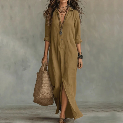 Sera Linen-Blend Maxi Shirt Dress with Side Slits