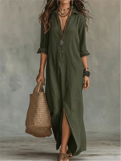 Sera Linen-Blend Maxi Shirt Dress with Side Slits