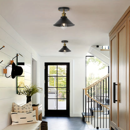 Industrial Black Semi Flush Ceiling Light | Vintage Metal Cone Shade With A Brass Lined Detail