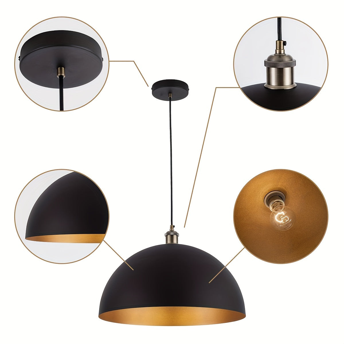 Vintage Industrial Dome Pendant Light | Black and Gold Iron Shade For Kitchens, Bars and Cafes