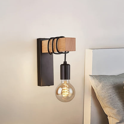 Modern Industrial Wall Sconce | Metal and Wood E27 Exposed Bulb Wall Light In Black or White