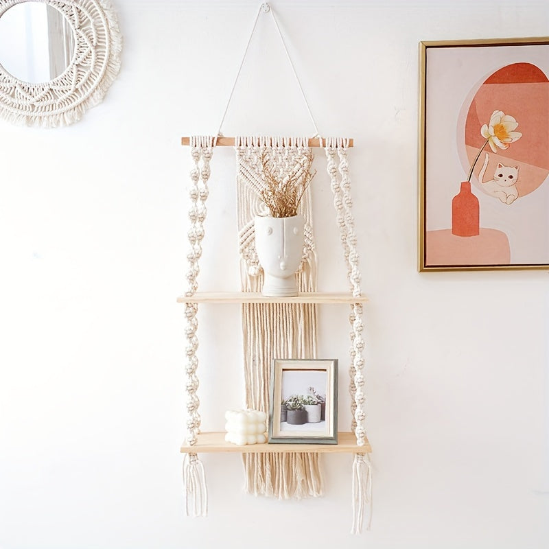 Boho Macrame Wall Shelf | Two Tier Hanging Storage Rack In Natural Timber And Woven Cotton Rope
