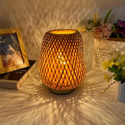 Handmade Bamboo Woven Bedside Lamp | Dimmable USB Table Light With A Natural Solid Wooden Base