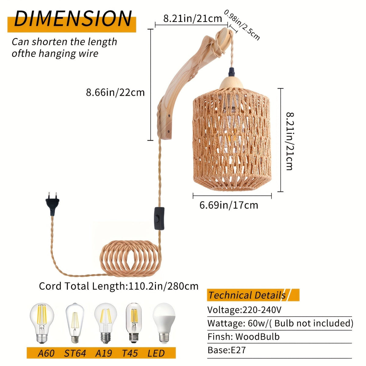 Boho Wood And Rattan Wall Lamp | Hand Woven Plug In Sconce For Bedsides and Reading Corners