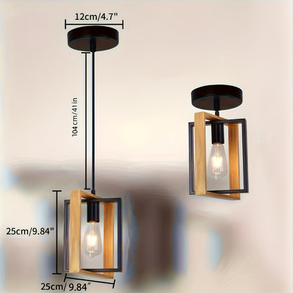 Industrial Pendant Ceiling Light | Modern Minimalist Geometric Open Frame In Metal or Wood