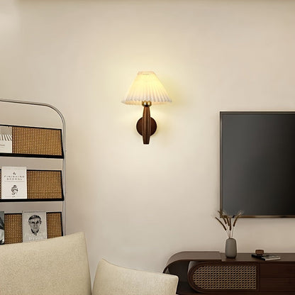 Nordic Wooden Wall Sconce | Retro Bedside Wall Lamp With Pleated Fabric Shade For Bedrooms
