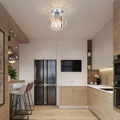 Modern Industrial Cage Ceiling Light | Elegant Semi Flush Mount In Three Polished Metal Finishes